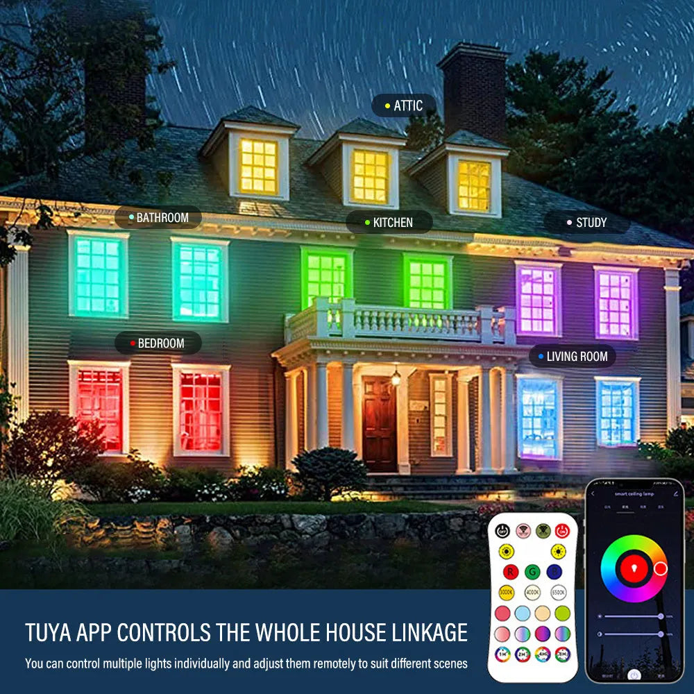 Intelligent RGBCW Bluetooth ceiling lamp in black or white with app control for colour and dimming.