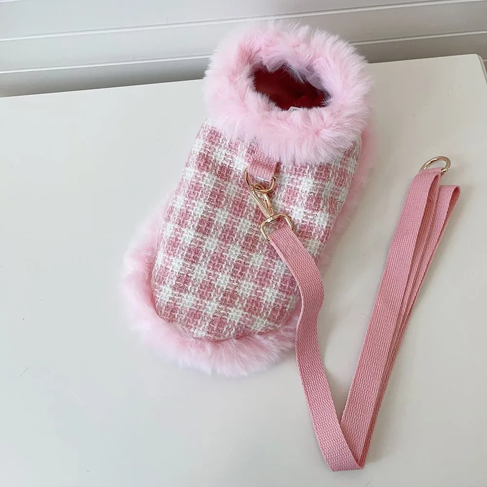 Pink polyester cat costume set with cape, beret, and hand-holding rope leash on feline model