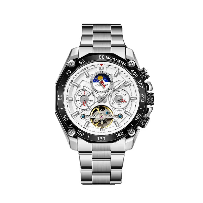 Men's stainless steel automatic mechanical watch showing 12mm thickness and available colour combinations