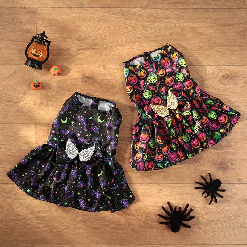 Angel wings Halloween pet costume for dogs in bright pumpkin or bat colours