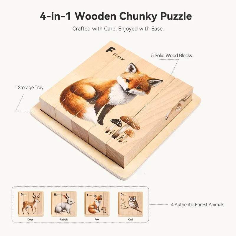 Wooden 3D puzzle panel for early childhood education with African animal or owl four-sided design