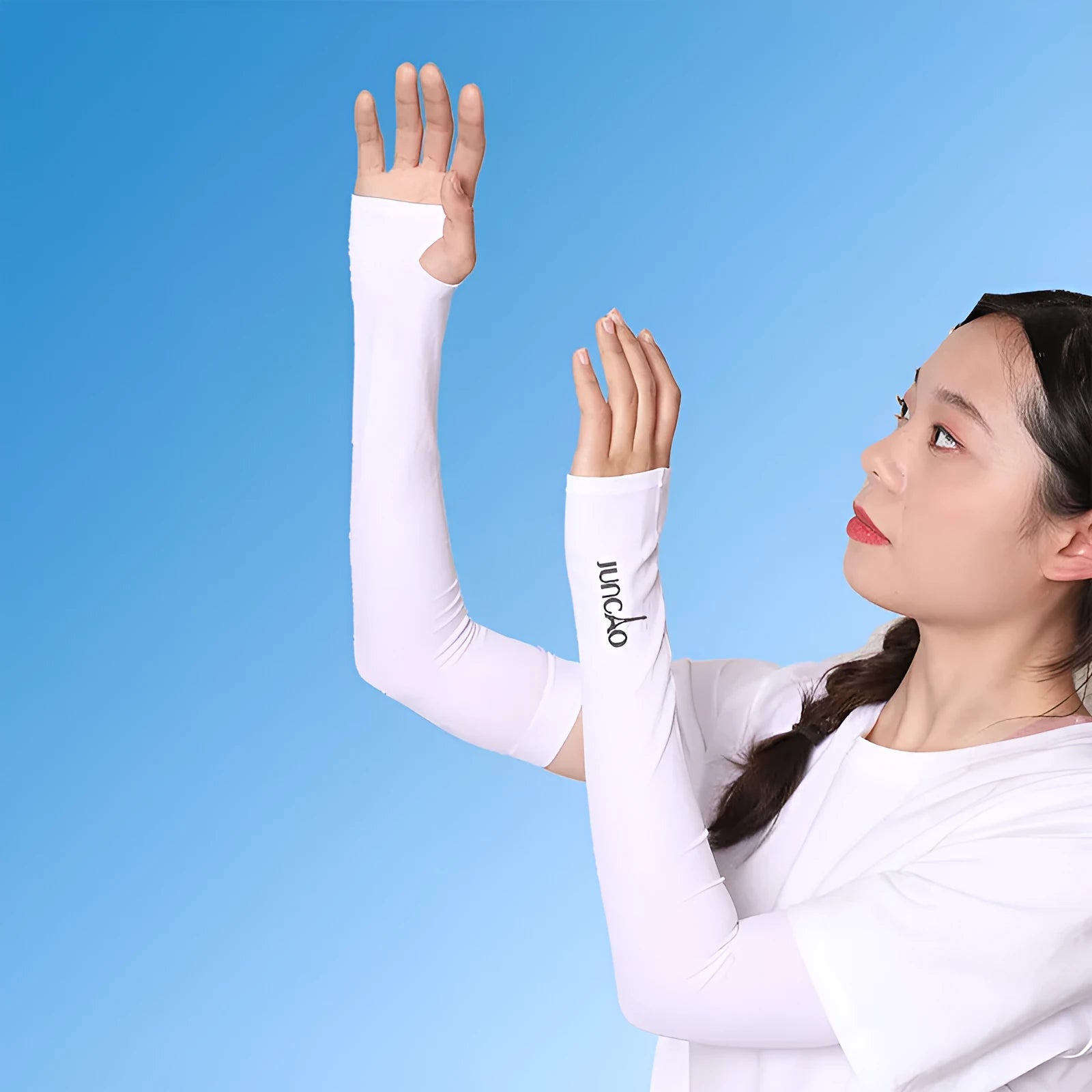 White viscose fibre driving sun protection sleeves with open-finger design showing forearm coverage