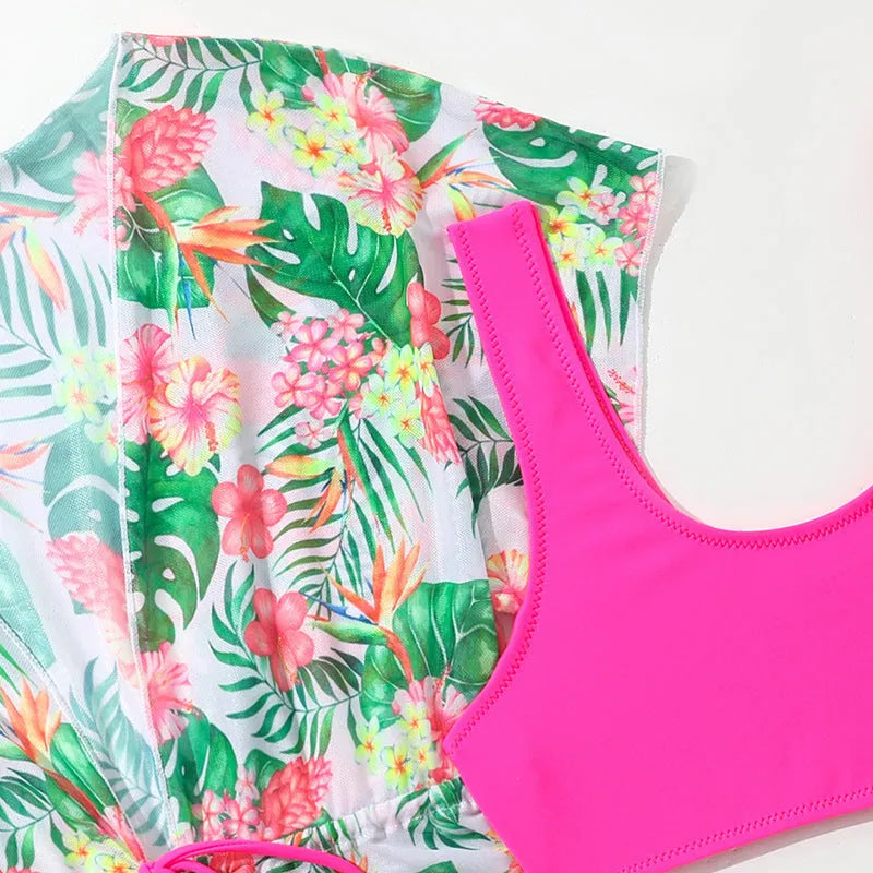 Girls floral two-piece swimsuit set with matching overclothes in picture colour
