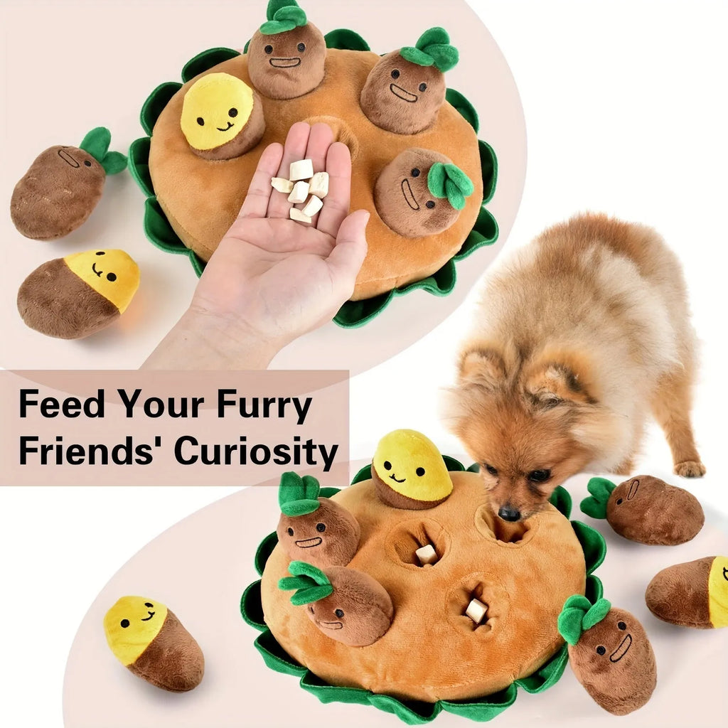 Yellow interactive dog puzzle sniffing pad with removable squeaky plush toys on a floor