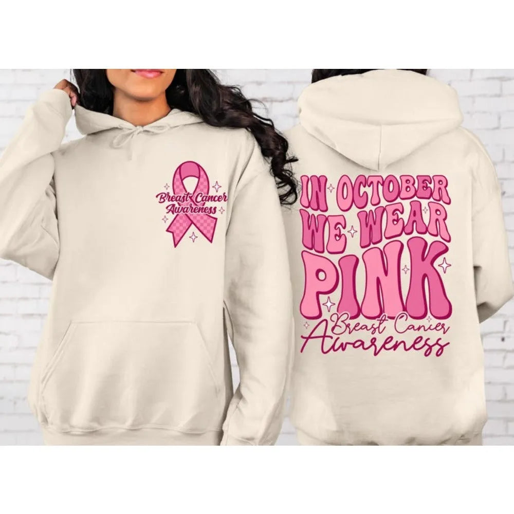 Breast Cancer Awareness hoodie with retro pattern hot stamping and side seam pocket in pink colour