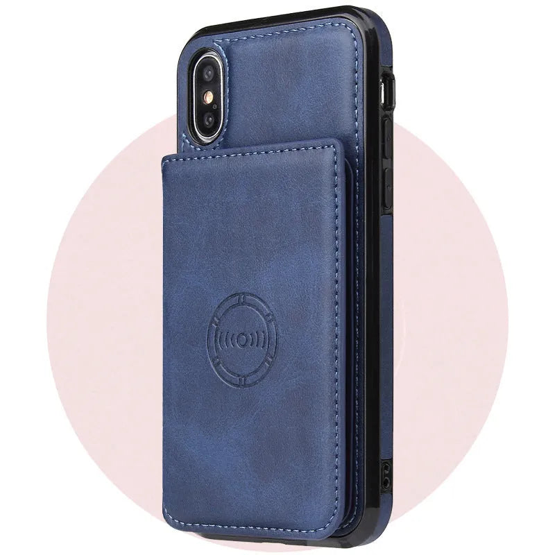 Imitation leather card wallet phone back cover for iPhone in black, blue, brown, orange, pink, and red.