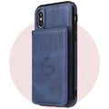 Imitation leather card wallet phone back cover for iPhone in black, blue, brown, orange, pink, and red.