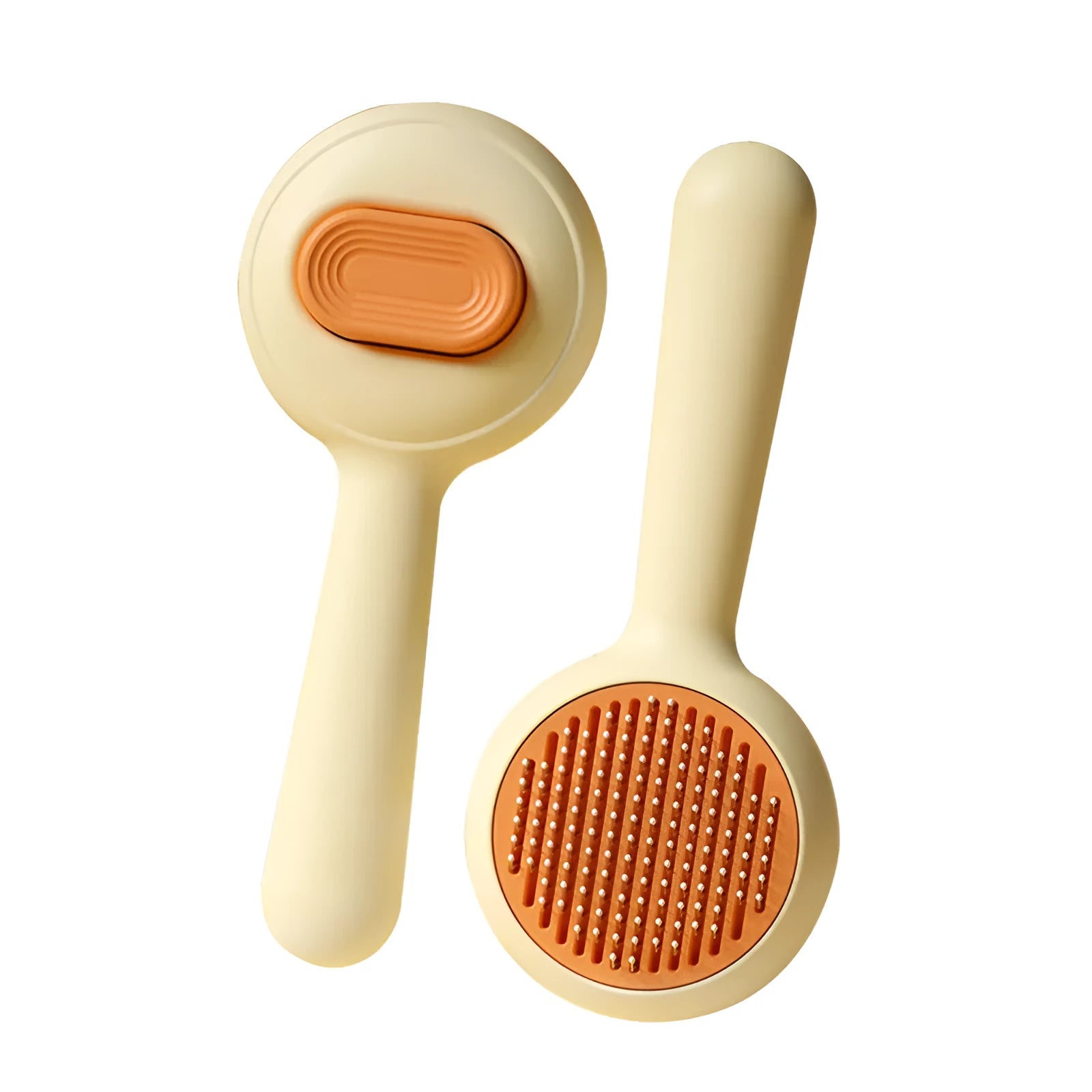 Green and yellow cat grooming brush with removable stainless steel comb and non-slip handle