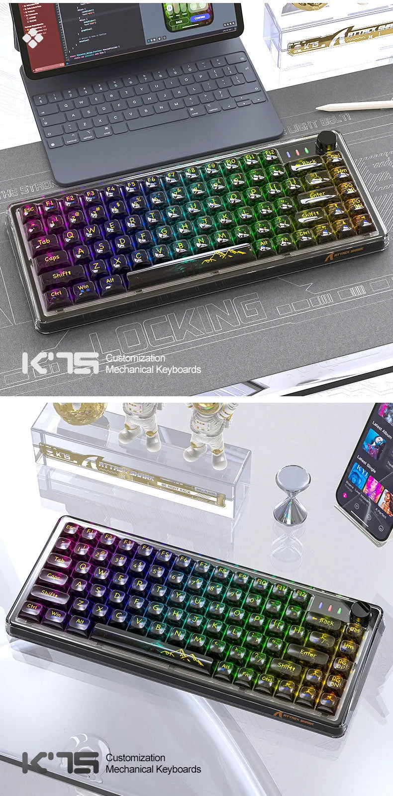 Attack Shark K75RGB white transparent wireless mechanical keyboard with RGB lighting on a desk.