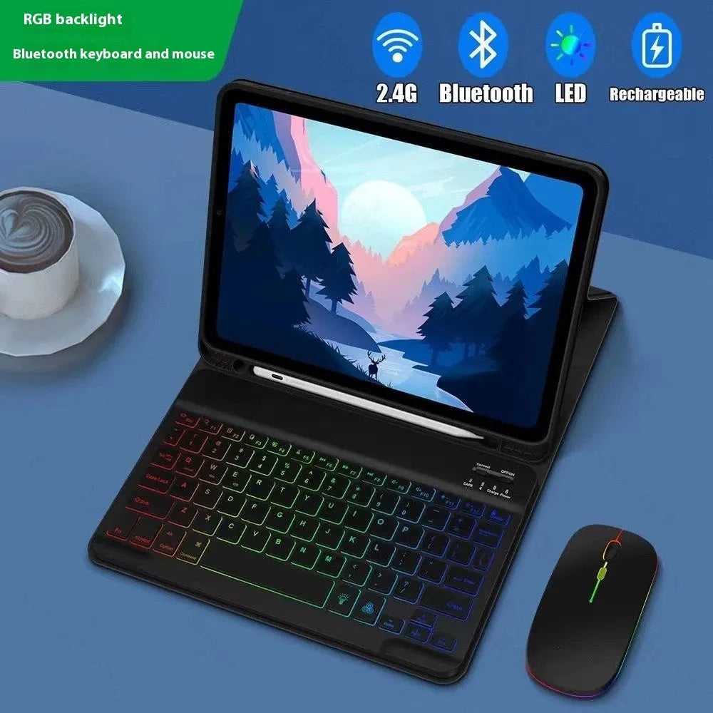 Colourful iPad protective case with luminous RGB backlit Bluetooth keyboard and mouse on a desk