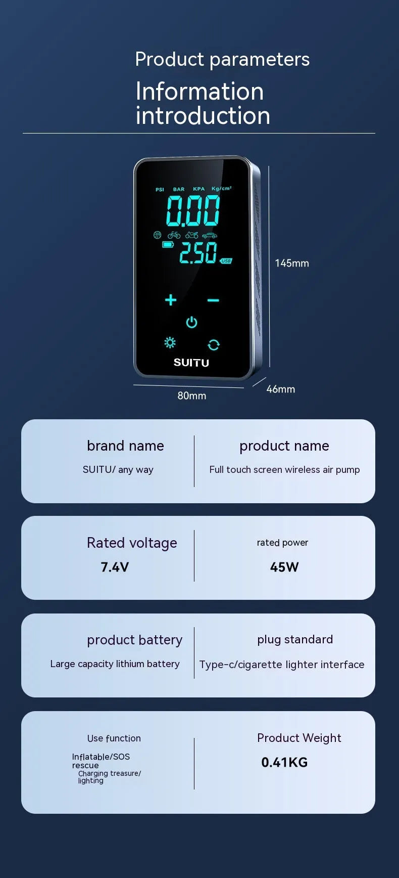 Compact wireless car tire inflator with LCD screen display and Type-C charging port shown with nozzle accessories
