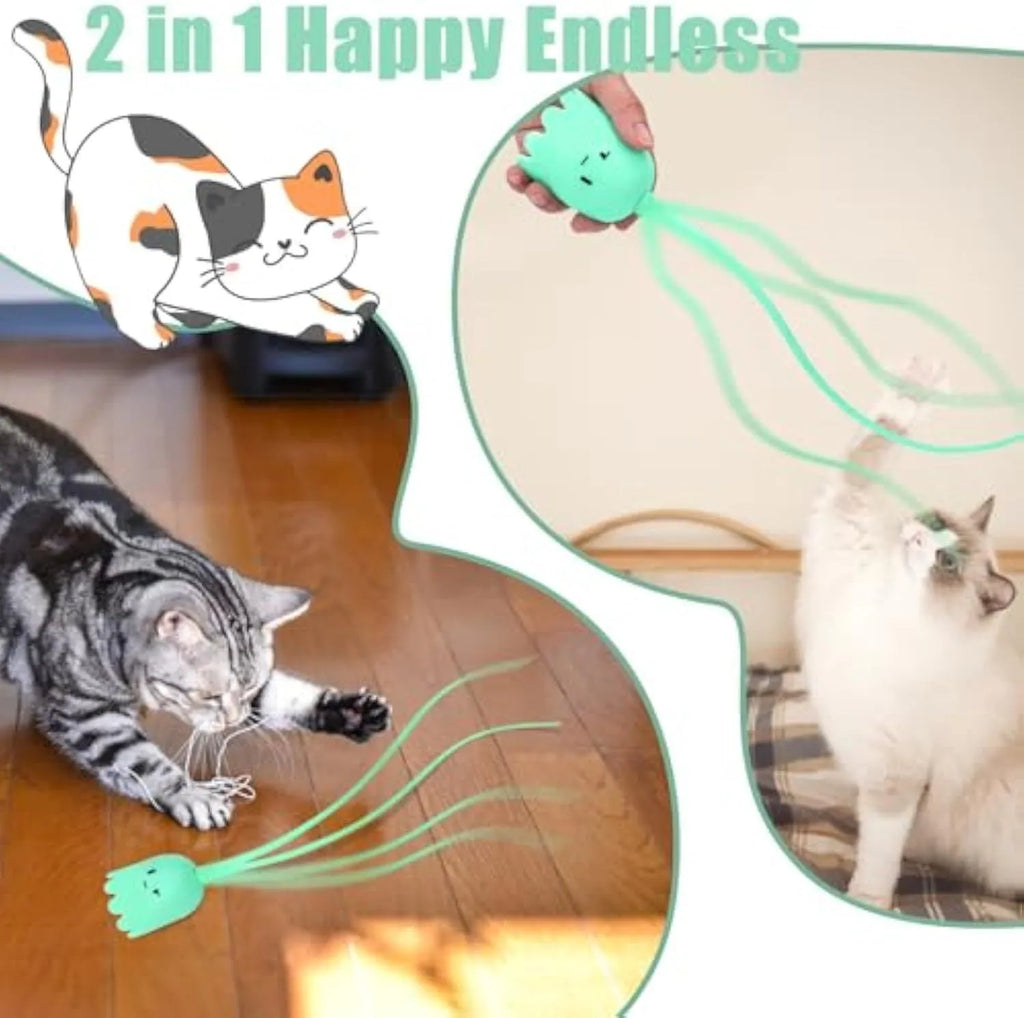 Green automatic cat wand toy with swinging silicone tails for indoor cat play