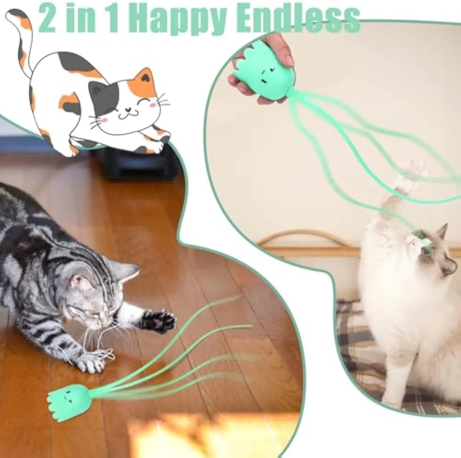 Green automatic cat wand toy with swinging silicone tails for indoor cat play