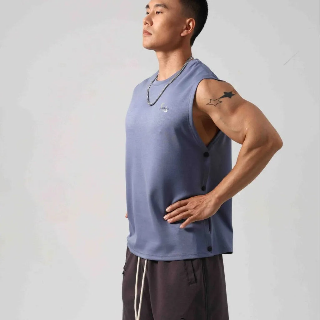 Korean style loose cotton fitness vest for men with hidden hook side opening in black colour