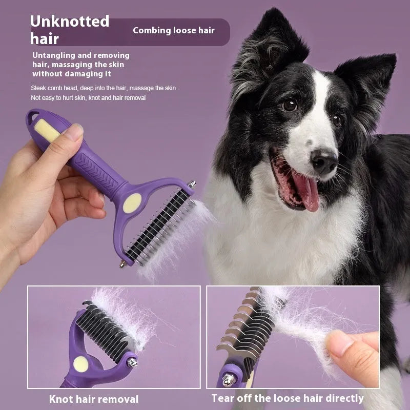 Purple double-sided plastic pet comb for untying knots on dogs and cats.