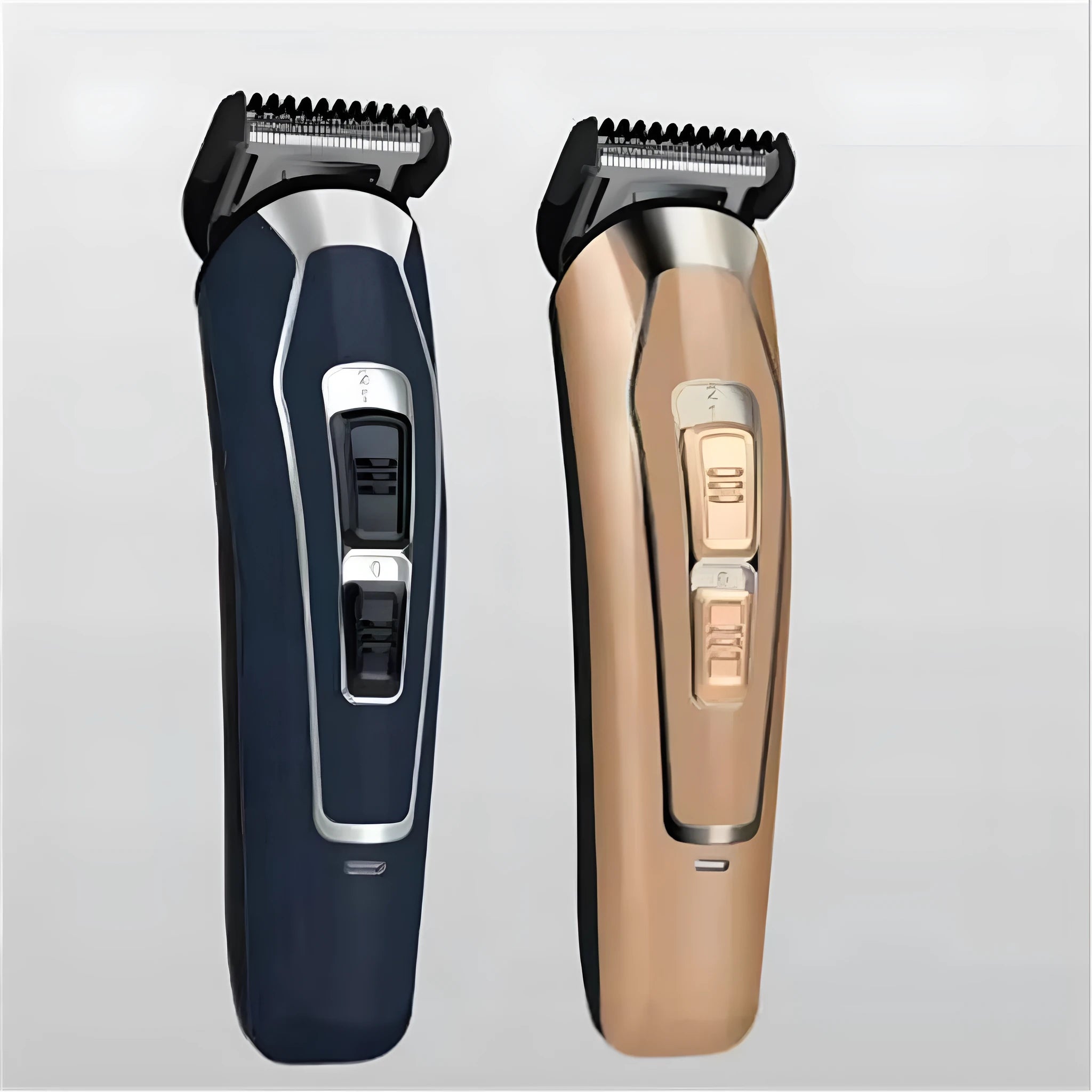Dark blue rechargeable electric hair clipper with stainless steel blades on a white background