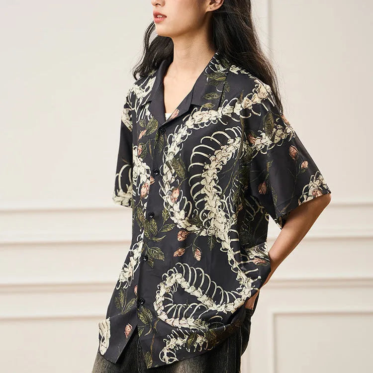 Snake bone pattern printed Cuban collar short sleeve shirt in loose cardigan styling