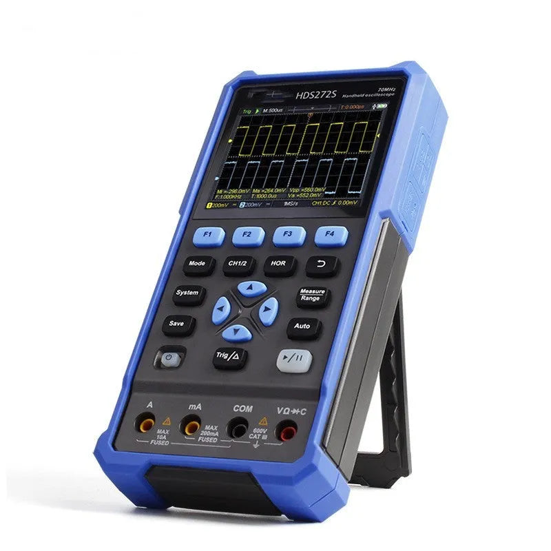 Owon HDS272 handheld digital oscilloscope with probe and accessories on a workbench