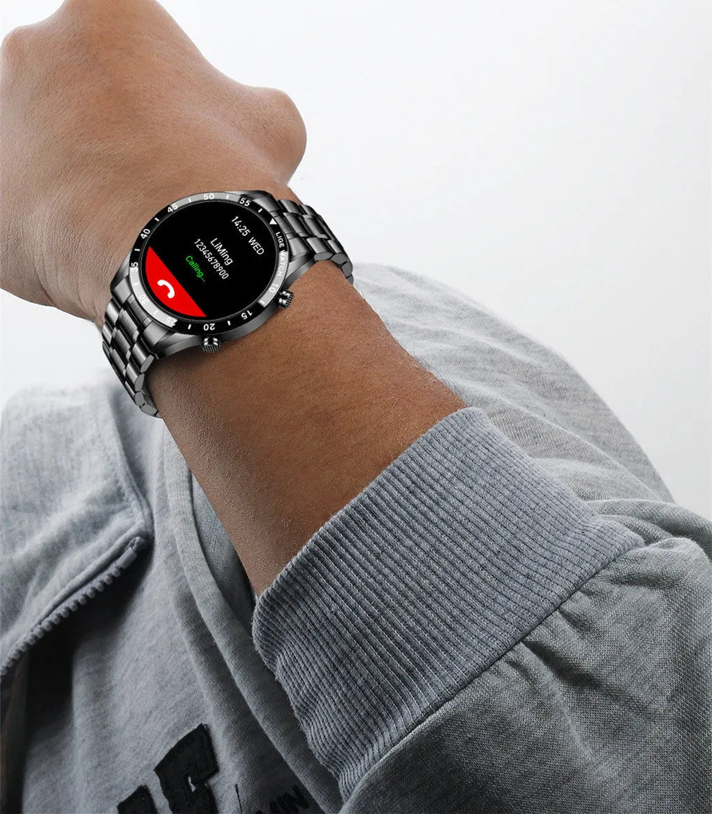 Smart watch with stainless steel band and 1.3-inch touch screen display showing step count