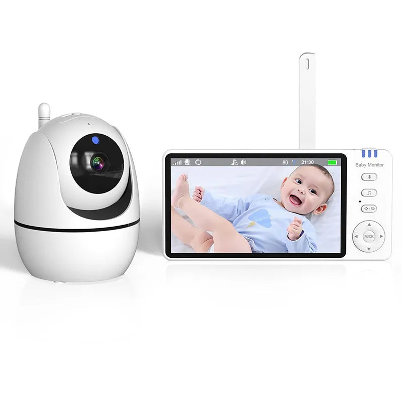White HD wireless baby monitor with 5-inch screen showing baby nursery monitoring display