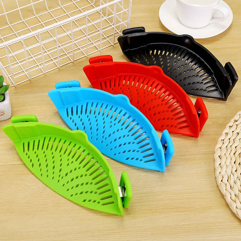 Silicone clip-on kitchen funnel strainer with stainless steel inner frame in blue colour.