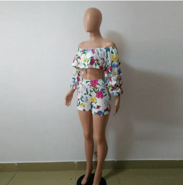 Women's two-piece outfit with digital printing pattern showing long sleeve top with pile sleeves and matching shorts