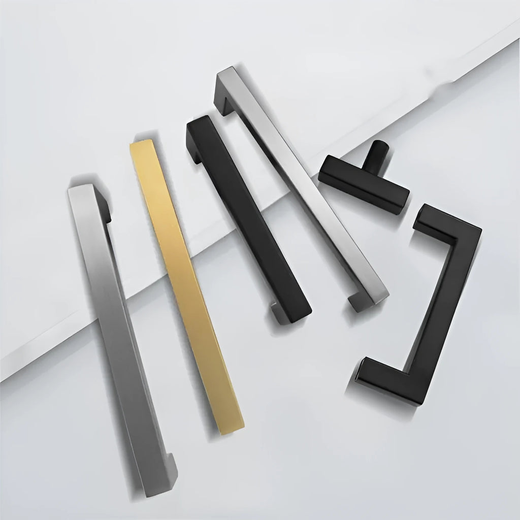 Stainless steel square pipe door handle for cabinets in brushed silver, black, or gold finish.