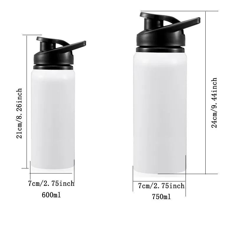 White aluminium sports water bottle with screw cap in 600ml and 750ml sizes for cycling and workouts