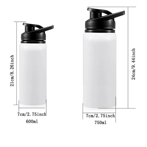 White aluminium sports water bottle with screw cap in 600ml and 750ml sizes for cycling and workouts