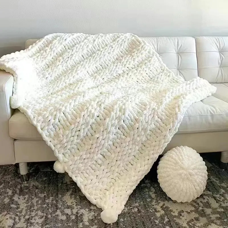 Coarse yarn chenille knitted braided gravity blanket showing texture and colour options