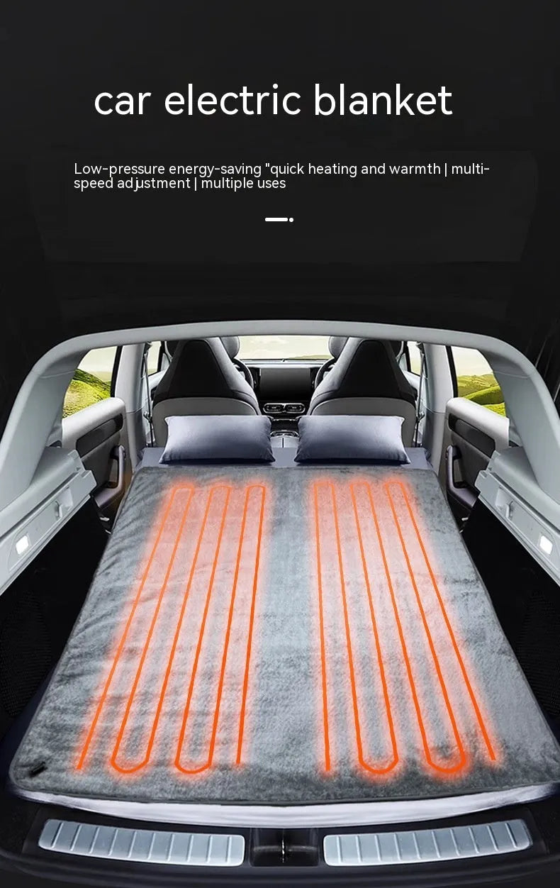 Grey 12V car electric blanket with intelligent temperature control shown with car cigarette lighter plug