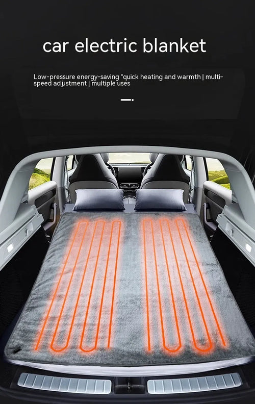 Grey 12V car electric blanket with intelligent temperature control shown with car cigarette lighter plug