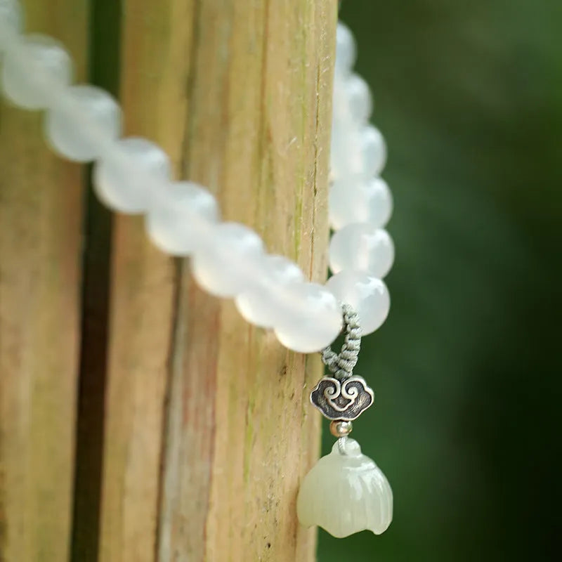 White agate and Hetian jade geometric bracelet in S925 sterling silver for women.
