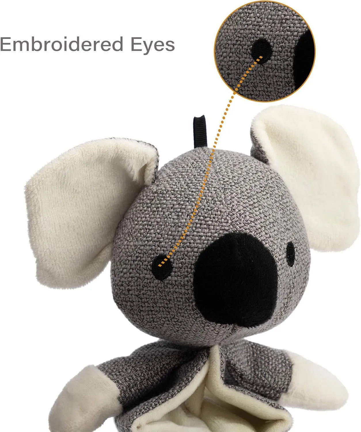 Grey koala-shaped dog toy measuring 30cm long with plush fabric and durable cloth construction.