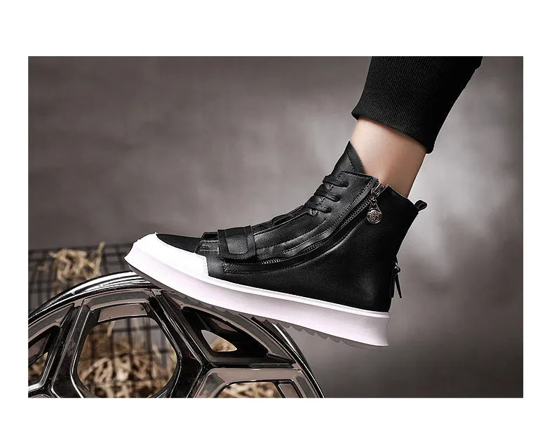 Men's black and white high-top sneaker style ankle boots made from PU leather microfiber for winter.