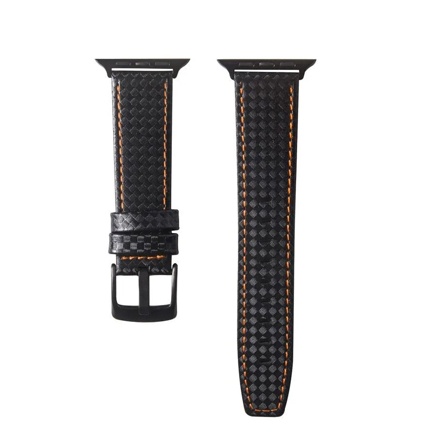 Apple Watch with black leather strap, carbon fibre details, and PC hard shell case with carbon fibre pattern.