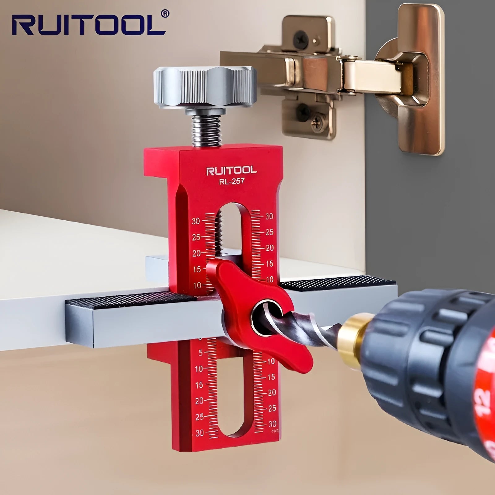 Aluminium alloy cabinet door installation aid tool for woodworking with 10mm drill hole fit.