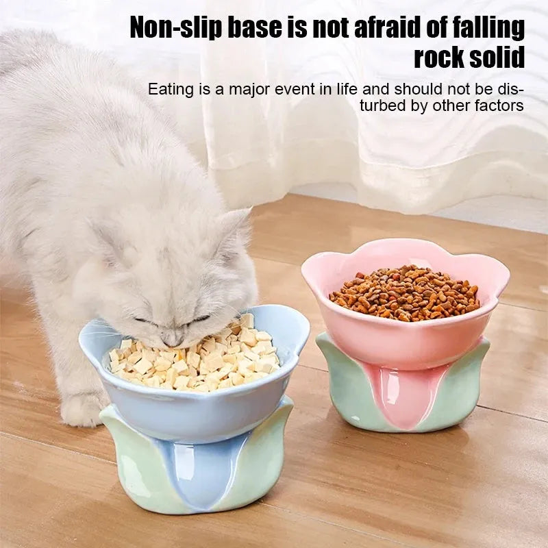 Blue ceramic raised pet bowl with floral pattern and non-slip base for cat or small dog.