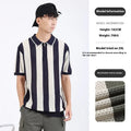 Man wearing a striped short sleeve ice silk sweater with a decorative zipper.