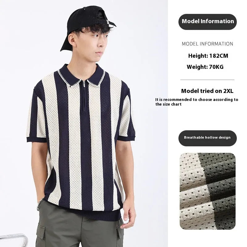 Man wearing a striped short sleeve ice silk sweater with a decorative zipper.