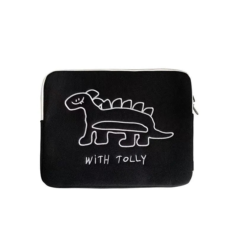Embroidered laptop sleeve with animal design showing polyester construction and laptop size compatibility