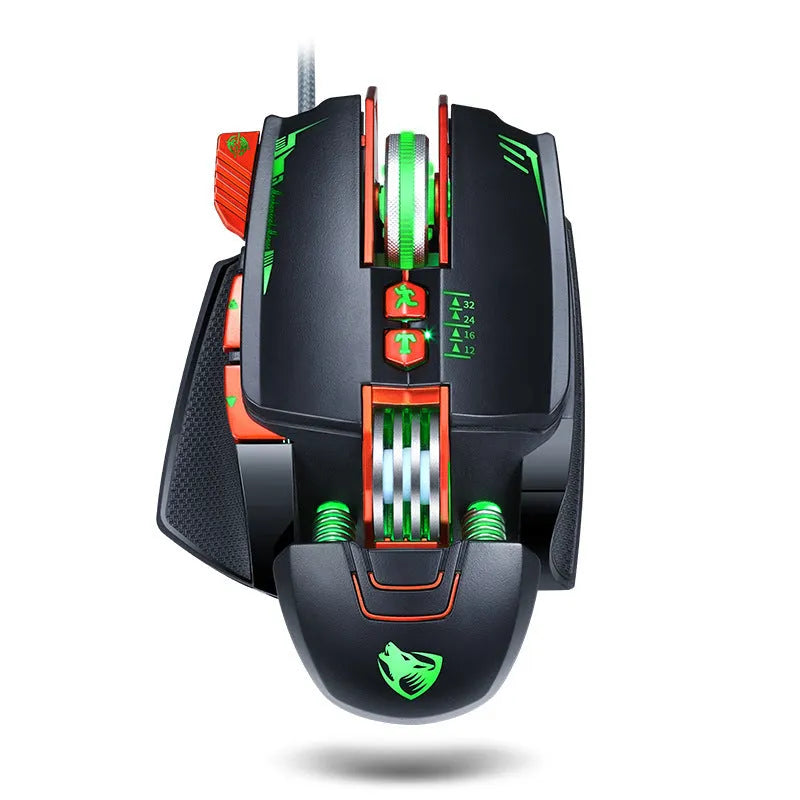 Thunder Wolf V9 black wired gaming mouse showing ergonomic shape and six programmable buttons