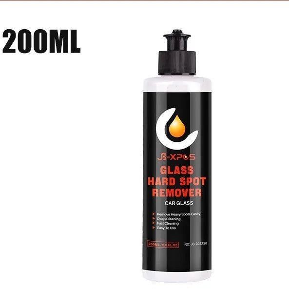 Tube of glass oil film remover cleaning cream in 100ml size, shown with paste applied to a car windscreen.