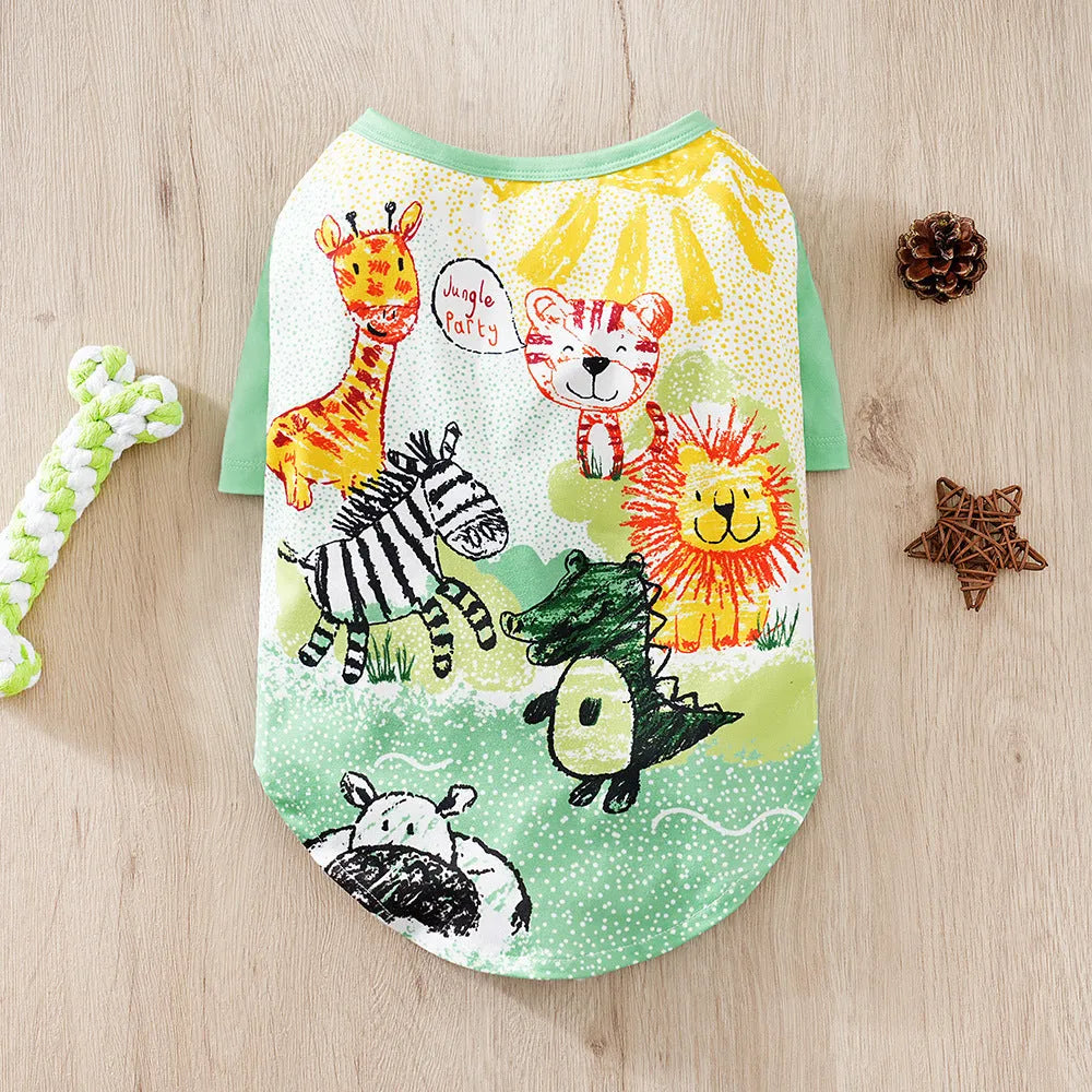 Small dog wearing full-print polyester t-shirt in casual style for spring or autumn