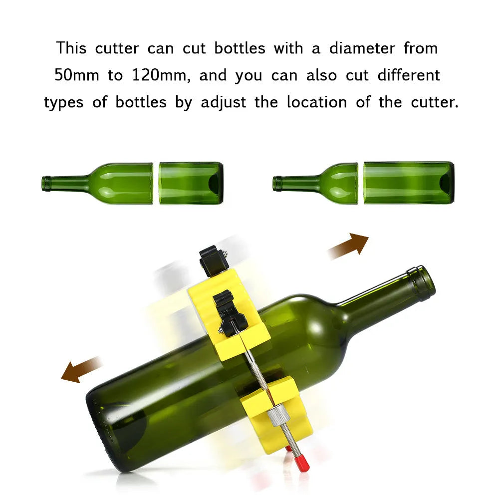 Yellow bottle cutter tool for cutting glass bottles, showing adjustable mechanism and stainless steel blade.
