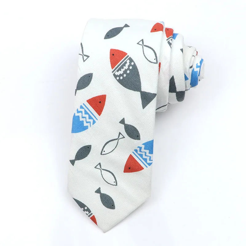 Narrow Korean-style cotton bow tie featuring a colourful cartoon print pattern.