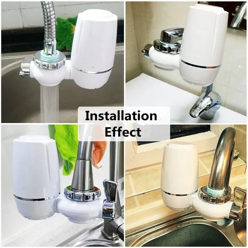 White faucet-mounted water purifier with ceramic filter and adapter kit for kitchen tap installation.