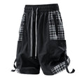 Men's loose fit cargo shorts with plaid stitching detail in black, grey, and smoky grey colour options