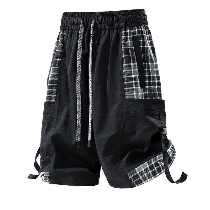 Men's loose fit cargo shorts with plaid stitching detail in black, grey, and smoky grey colour options
