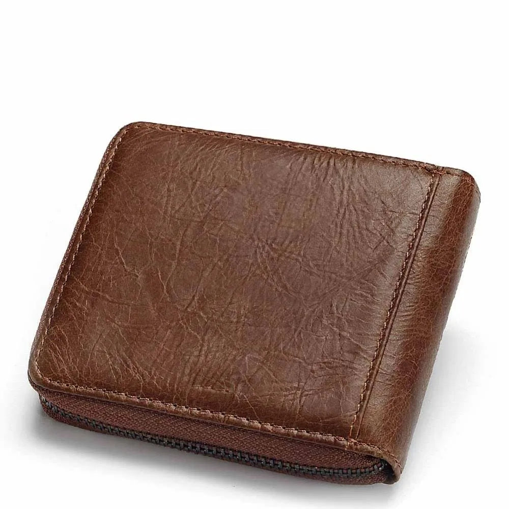 Men's soft brown leather wallet with a zipper, open to show multiple card slots, a banknote section, and a coin compartment.